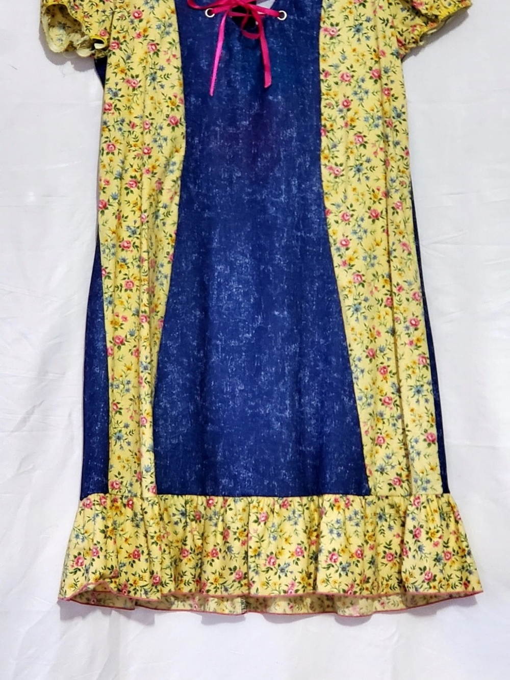 Adult Medium Yellow Floral & Blue Panel Dress with Pink Tie Costume